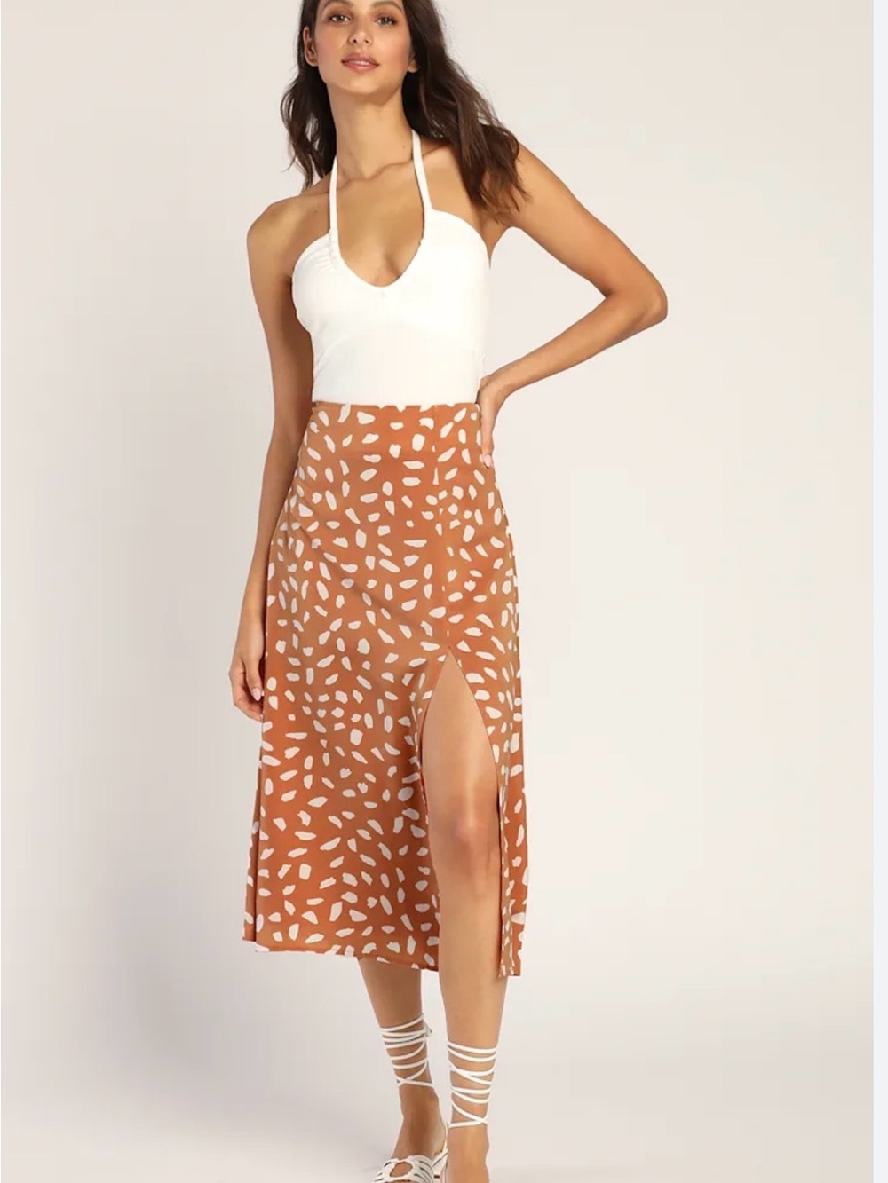 Lulus Women’s Printed Midi Skirt with Front Slit